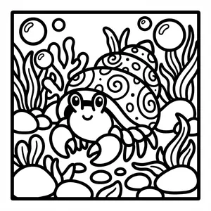 Adorable Hermit Crab Coloring Page Adorable hermit crab with a spiral patterned shell, peeking out among seagrass, rocks, and bubbles.