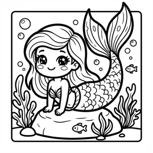 Cute Chibi Mermaid Coloring Page A sweet chibi mermaid with big eyes sitting gracefully on a rock underwater, with floating bubbles, seaweed, a tiny fish, and a beautifully detailed scaled tail.