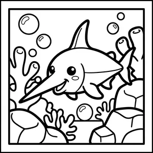 Adorable Swordfish Coloring Page Adorable swordfish swimming through bubbles.