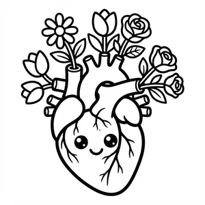 Anatomical Heart Flowers Coloring Page Cute anatomical heart with flowers blooming from it.