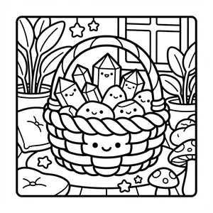 Basket of Crystals and Stones Coloring Page A basket filled with smiling crystals and rocks.