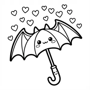 Bat Umbrella Coloring Page Bat-winged umbrella surrounded by hearts.