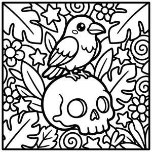 Bird on Skull Coloring Page Cute bird perched on a skull.