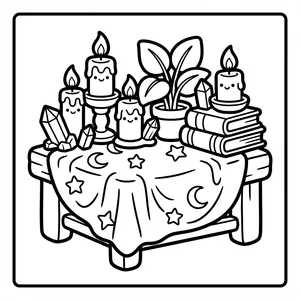 Candle Altar Coloring Page Candle altar with crystals and books.