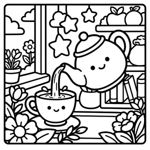 Cozy Teapot Coloring Page A cute teapot pouring tea into a happy cup, surrounded by hanging star and cloud decorations, books, apples, flowers, and a bright sunny window.