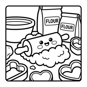 Cute Baking Rolling Pin Coloring Page A happy cute rolling pin on top of rolled-out dough, surrounded by bags of flour, heart-shaped cookie cutters, and a mixing bowl.