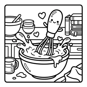 Cute Baking Whisk Mixing Bowl Coloring Page A happy wire whisk character with little arms mixing batter in a big bowl with splashes and flying hearts, set on a kitchen counter.