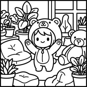 Cute Chibi Bear Costume Coloring Page A cute chibi child in a fluffy bear costume with a hood and paw designs, standing in a cozy room with potted plants, cushions, and a teddy bear toy.