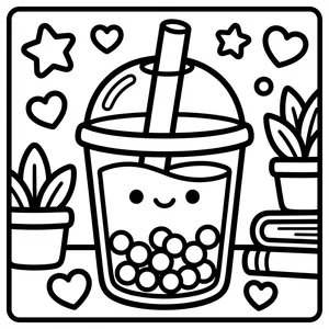 Cute Boba Tea Coloring Page A cute smiling boba bubble tea cup with a dome lid and straw, filled with tapioca pearls and surrounded by floating hearts, stars, potted plants, and books.