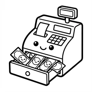 Cute Cash Register Supermarket Coloring Page An adorable smiling cash register with an open drawer filled with happy paper money bills and a paper receipt.