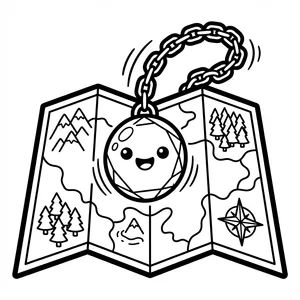 Cute Crystal Pendulum Map Coloring Page A cute smiling crystal pendulum hanging on a chain and swinging over an open folded map with mountains, forests, and a compass rose.