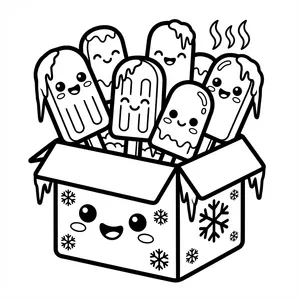 Cute Frozen Ice Pops Box Coloring Page A happy frozen box decorated with snowflakes filled with a bunch of cute smiling ice cream popsicles on sticks.