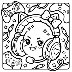 Cute Gamer Girl Headphones Gaming Coloring Page A kawaii character wearing cat-ear gaming headphones with a bow, surrounded by video game controllers, cords, and stars.