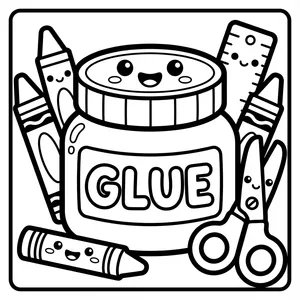 Cute Glue Jar School Supplies Coloring Page A happy glue jar labeled GLUE with a cute face, surrounded by smiling crayons, scissors, and a ruler.
