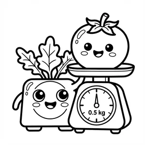 Cute Grocery Scale Produce Coloring Page A happy kawaii tomato sitting on a kitchen produce scale weighing 0.5 kg, standing beside a cute smiling radish vegetable.