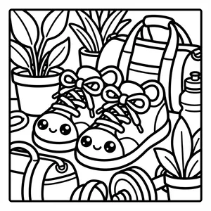 Cute Gym Sneakers School Locker Coloring Page A pair of cute smiling sneakers tied with bows, surrounded by a duffel bag, water bottle, dumbbells, and potted plants.