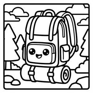 Cute Hiking Backpack Outdoor Adventure Coloring Page An adorable hiking backpack with a happy face and sleeping bag roll, sitting on a trail surrounded by pine trees and mountains.
