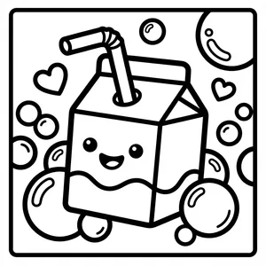 Cute Milk Carton School Lunch Coloring Page A happy kawaii milk carton with a bendy straw sticking out, surrounded by shiny floating bubbles and small hearts.