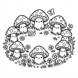 Cute Mushroom Fairy Ring Coloring Page A circular ring of cute smiling polka-dot toadstool mushrooms in grass with flowers, a little snail, and a flying butterfly.