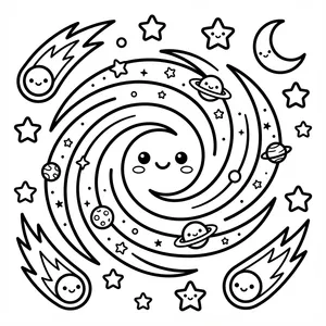 Cute Spiral Galaxy Coloring Page A cheerful spiral galaxy swirl with a cute face, surrounded by smiling shooting stars, ringed planets, stars, and a crescent moon.