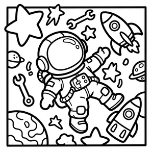Chibi Astronaut Space Coloring Page A chibi astronaut in a detailed space suit floating in outer space among shooting stars, rockets, planet rings, and floating tools like wrenches.