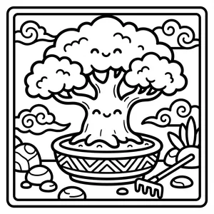 Adorable smiling bonsai tree in a patterned planter dish next to a mini garden rake and zen rocks.